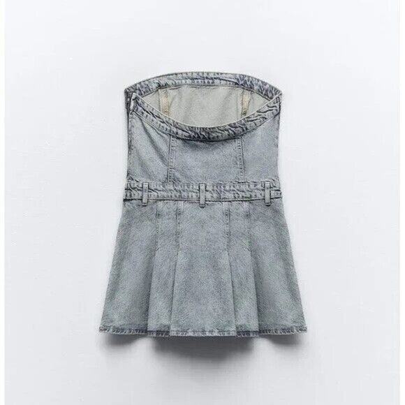 ZARA TRF Strapless Pleated Denim Mini Dress XL NWT | Y2K Corset Tube Style - Picture 4 of 14